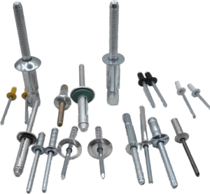 Selection of industrial blind rivets used in manufacturing and construction applications.