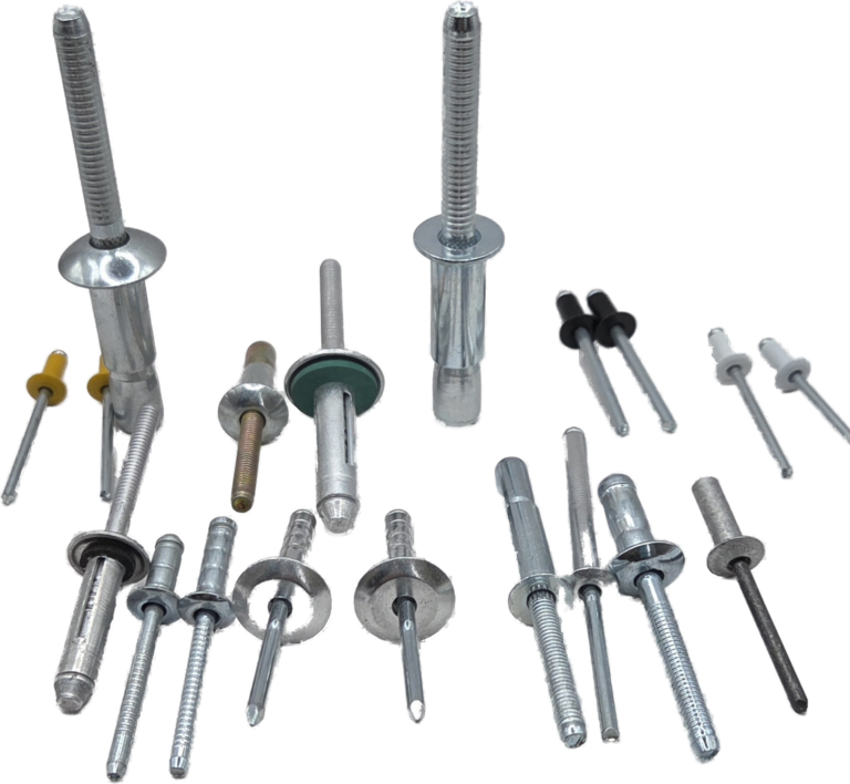 Selection of industrial blind rivets used in manufacturing and construction applications.