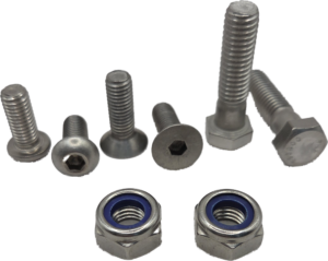 Stainless steel conventional bolts and nyloc nuts used in industrial fastening applications.