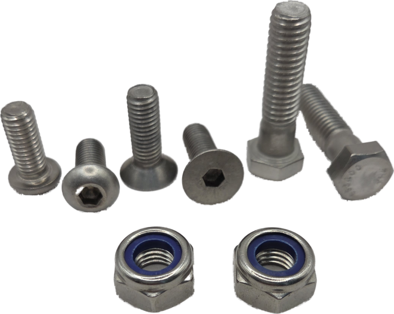 Stainless steel conventional bolts and nyloc nuts used in industrial fastening applications.