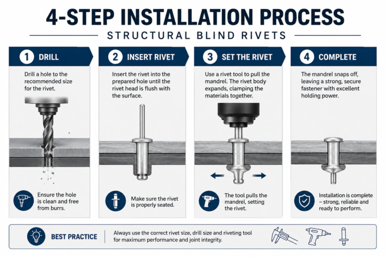 Infographic showing the 4-step installation process for structural blind rivets, including drilling the hole, inserting the rivet, setting it with a rivet tool, and completing the installation.