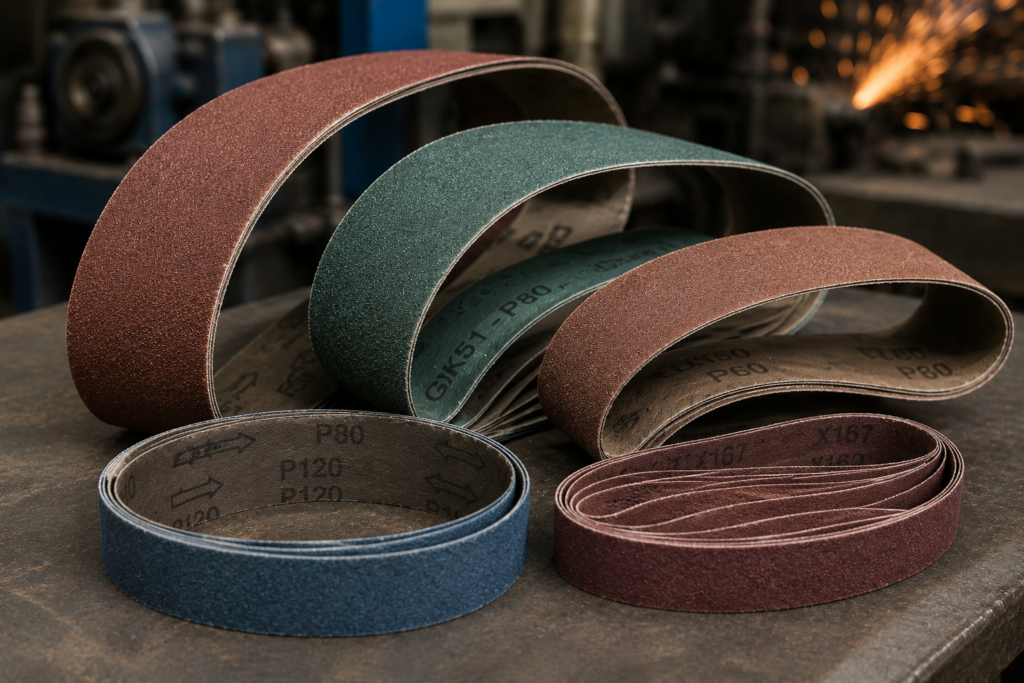 Assorted abrasive belts for sanding, grinding, and finishing metal surfaces in industrial applications.