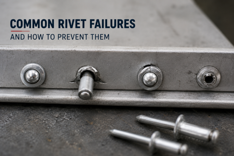 Blind rivet partially pulled through a torn and deformed aluminium sheet
