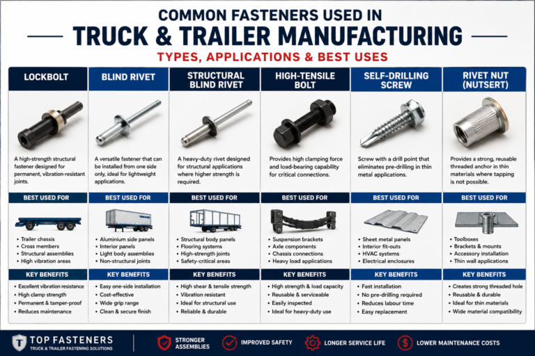 Comparison of lockbolts, blind rivets, structural blind rivets, high-tensile bolts, self-drilling screws, and rivet nuts