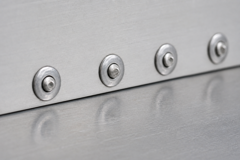 Correctly installed blind rivets joining two clean metal sheets