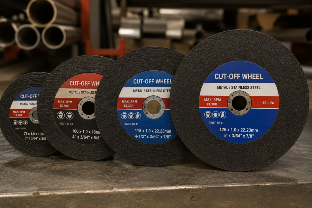 Assorted cut off wheels for cutting steel and stainless steel in an industrial workshop.