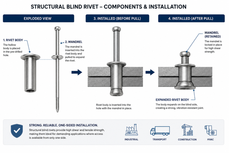 Exploded technical diagram of a structural blind rivet showing the rivet body, mandrel, installation before pulling, and installed rivet after the mandrel is retained.