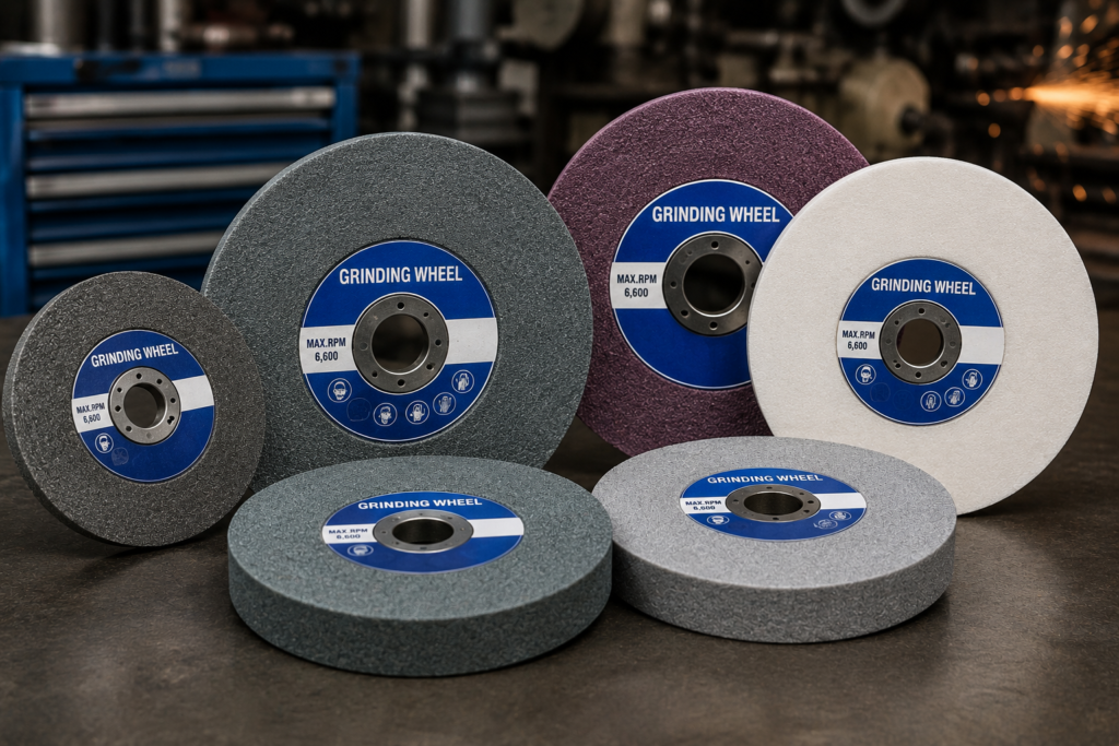 Assorted grinding wheels for grinding, deburring, and shaping metal in industrial applications.