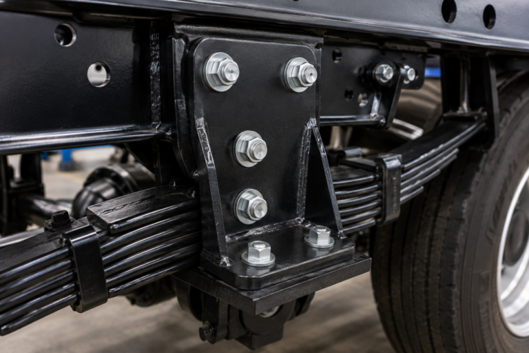 High-tensile bolts securing a heavy-duty trailer suspension bracket and leaf spring assembly