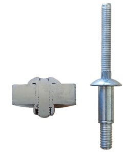 Close-up of an industrial blind rivet and metal installation tool components on a white background.