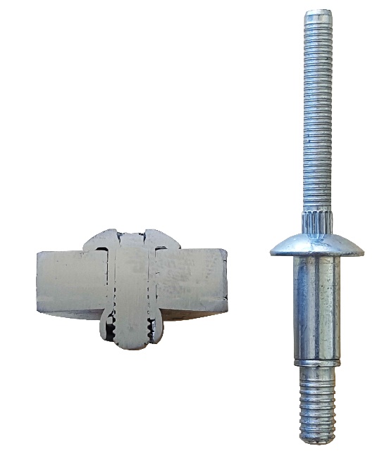 Close-up of an industrial blind rivet and metal installation tool components on a white background.