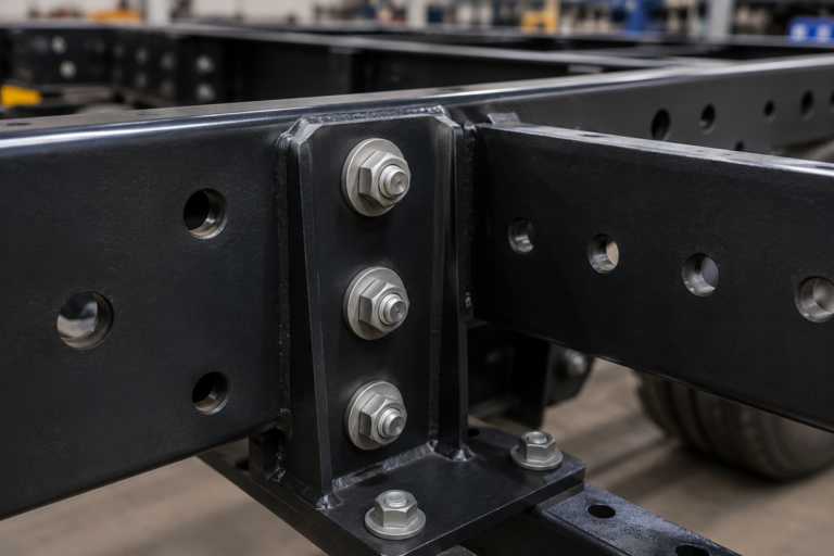 Heavy-duty lockbolts securing structural components on a steel trailer chassis