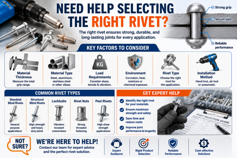 Educational infographic explaining how to select the right blind rivet. The diagram highlights key selection factors including material, grip range, rivet type, hole size, strength requirements, environmental conditions, common installation mistakes, and expert guidance for choosing the correct rivet.