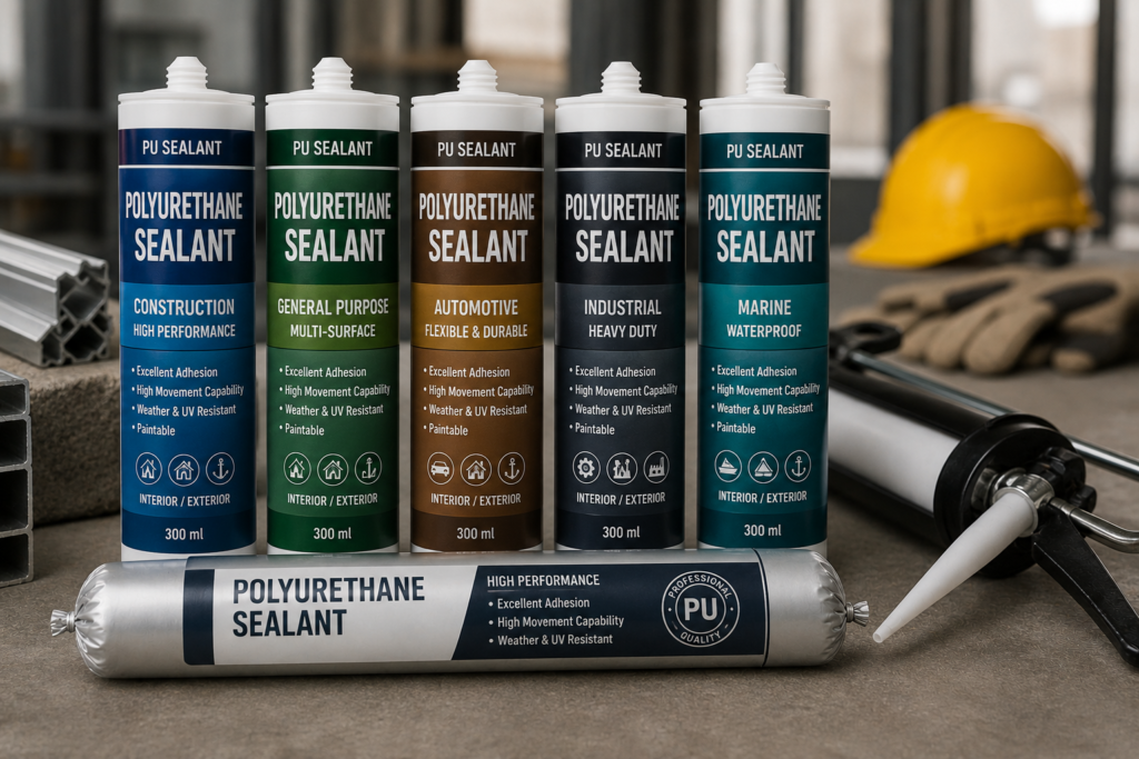 Polyurethane sealant cartridges and sausage packs with a caulking gun on a workshop bench.