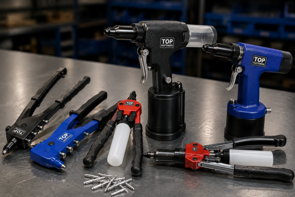 Professional riveting tools including manual hand riveters and pneumatic blind rivet installation tools on an industrial workbench.