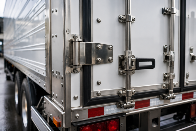 Corrosion-resistant stainless steel fasteners securing the rear door hardware of a refrigerated trailer