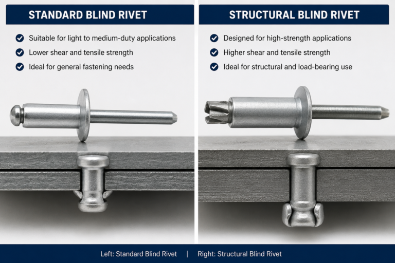 Side-by-side comparison of a standard blind rivet and a structural blind rivet showing differences in strength, design, and installed joint performance.