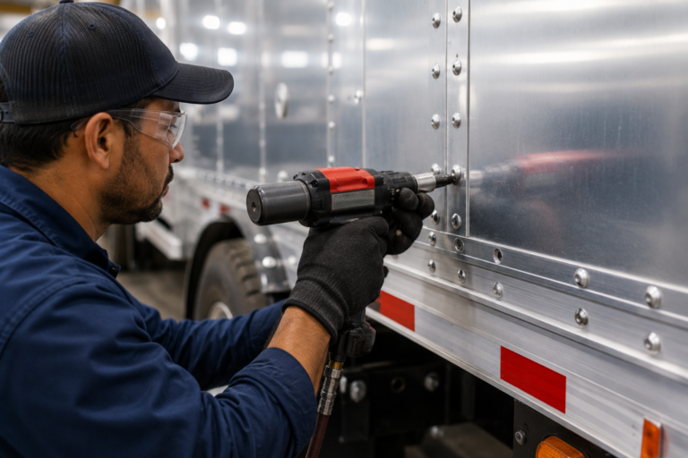 Worker installing structural blind rivets on an aluminium trailer body using a rivet installation tool