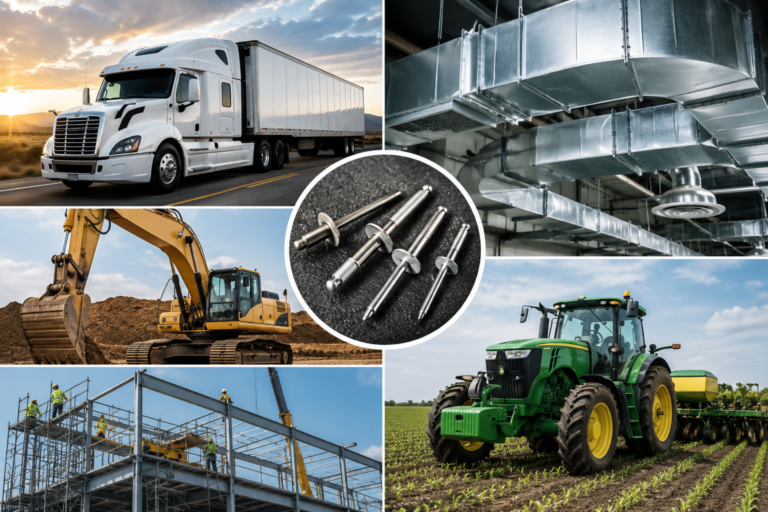 Collage showing a truck, HVAC ducting, heavy construction equipment, steel construction, agricultural machinery, and structural blind rivets used in industrial applications.
