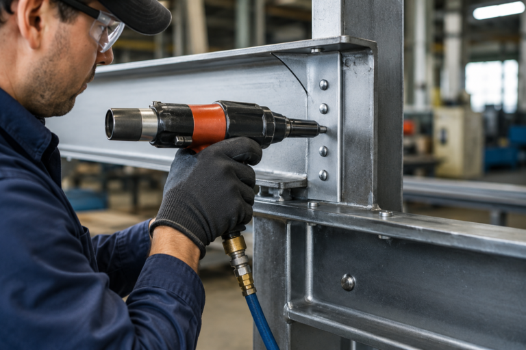 Technician using a pneumatic rivet tool to install a structural blind rivet into a steel frame in an industrial workshop.