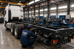 Truck chassis being assembled with heavy-duty fasteners in a commercial vehicle manufacturing facility