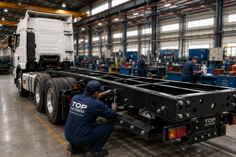 Truck chassis being assembled with heavy-duty fasteners in a commercial vehicle manufacturing facility