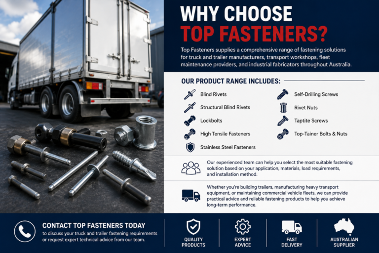 Top Fasteners truck and trailer fastening solutions, including blind rivets, lockbolts, high-tensile fasteners, self-drilling screws, and rivet nuts