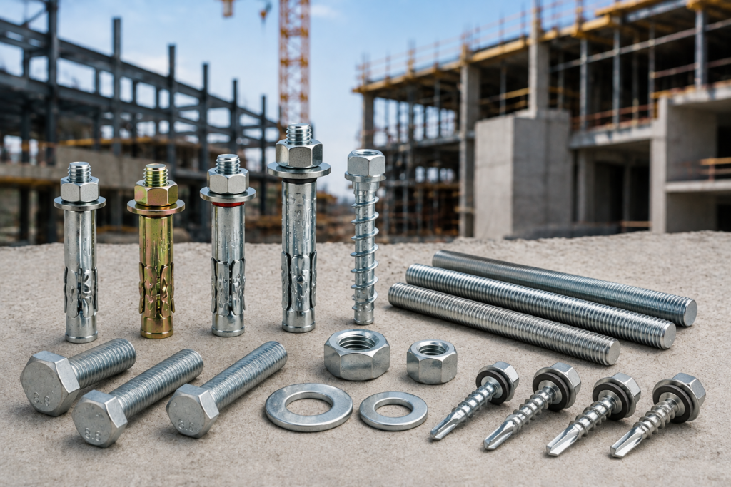 Construction fasteners including wedge anchors, concrete screw anchors, hex bolts, threaded rods, Tek screws, nuts and washers displayed on a construction site.