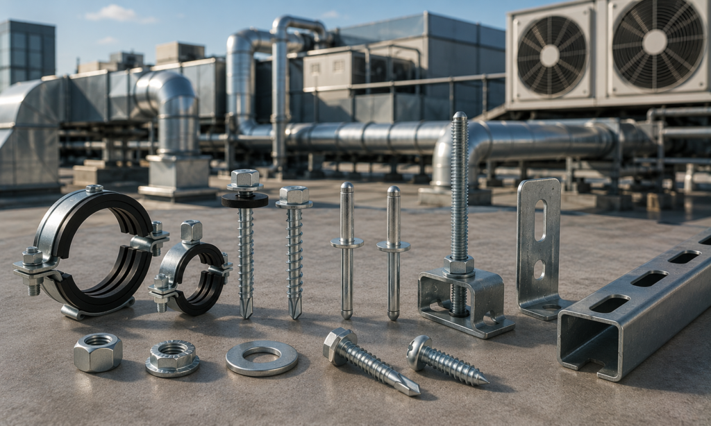 HVAC fasteners and fastening solutions including pipe clamps, threaded rods, anchors, strut channel, brackets, screws, nuts and washers.