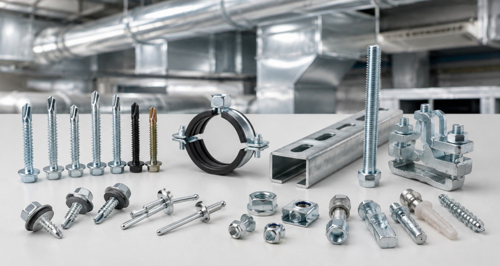 Assorted HVAC fasteners including self-drilling screws, rivets, threaded rods, strut channel hardware, pipe clamps, anchors and mounting components used for HVAC ducting and ventilation systems.