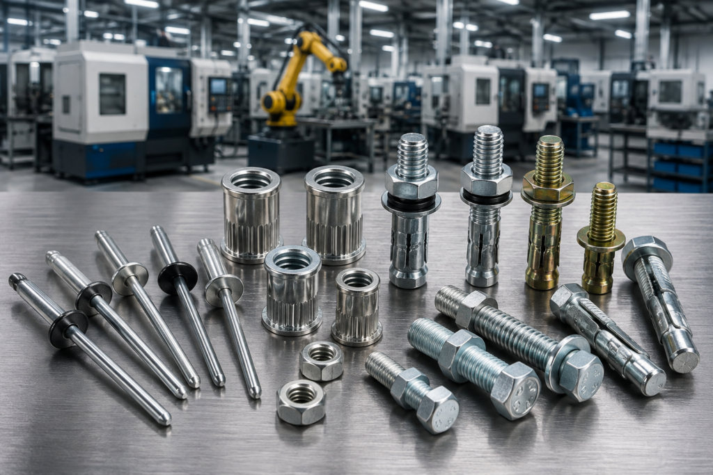 Manufacturing fasteners including blind rivets, rivet nuts, bolts and anchors