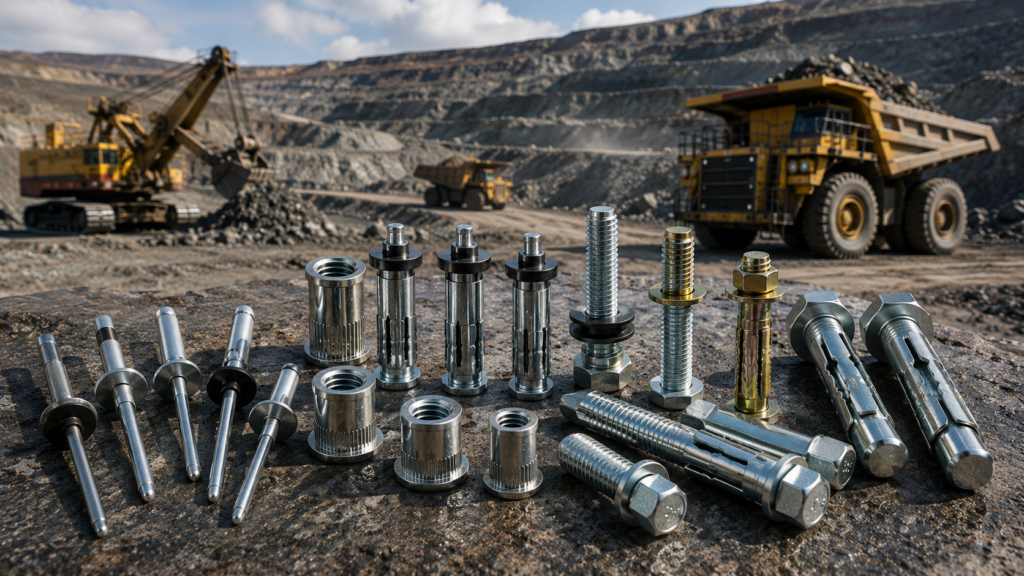 Mining fasteners including blind rivets, rivet nuts, lockbolts and heavy-duty anchors