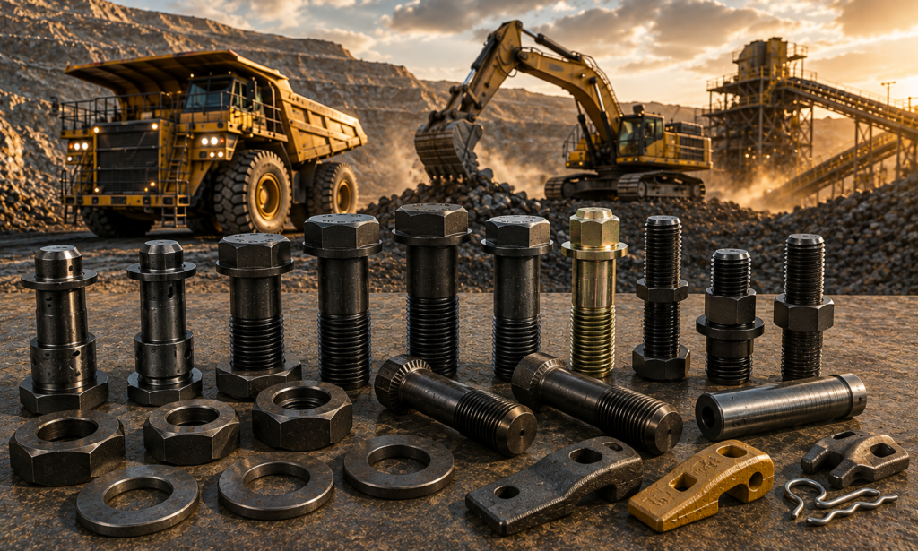 Heavy-duty mining fasteners including high-tensile bolts, structural fasteners, heavy hex nuts, hardened washers, lockbolt-style fasteners and threaded studs displayed at an open-pit mining operation.
