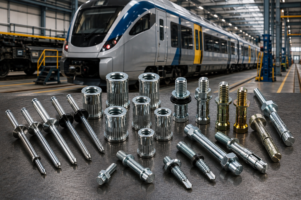 Railway fasteners including rivets, rivet nuts, lockbolts and industrial bolts