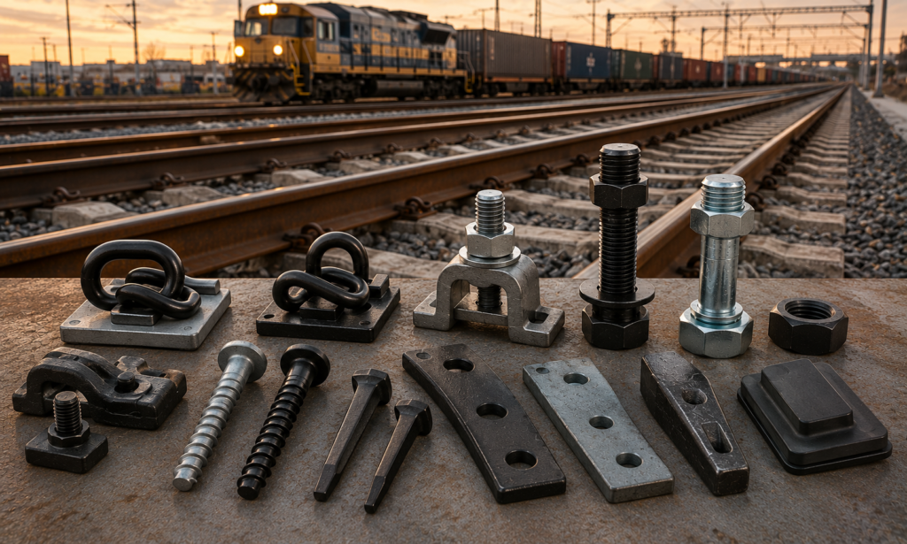 Railway fasteners including rail clips, rail bolts, screw spikes, heavy hex nuts, baseplates and track fastening components displayed beside a freight railway line.