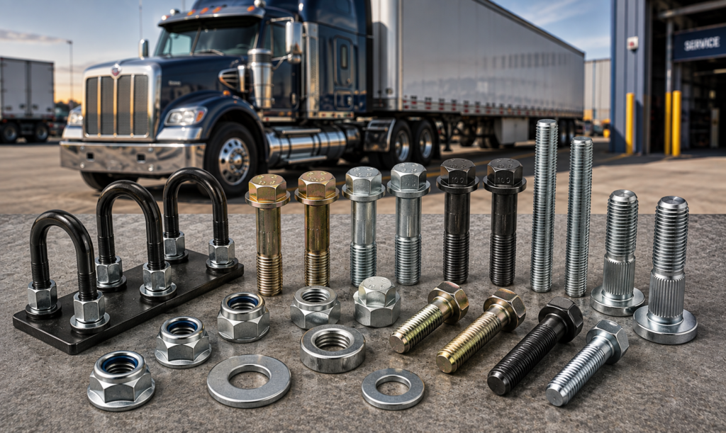 Heavy-duty truck and trailer fasteners including U-bolts, high-tensile bolts, wheel studs, threaded studs, hex nuts and washers displayed in a commercial transport workshop.