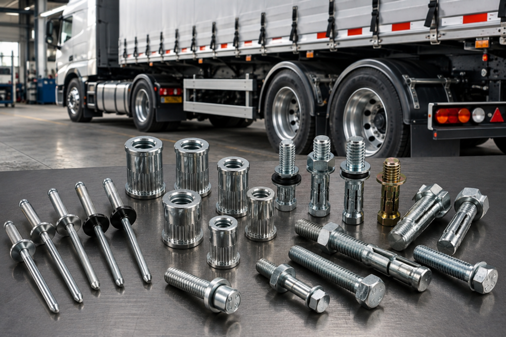 Truck and trailer fasteners including rivet nuts, blind rivets and lockbolts